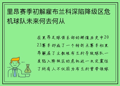 里昂赛季初解雇布兰科深陷降级区危机球队未来何去何从
