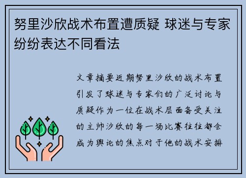 努里沙欣战术布置遭质疑 球迷与专家纷纷表达不同看法