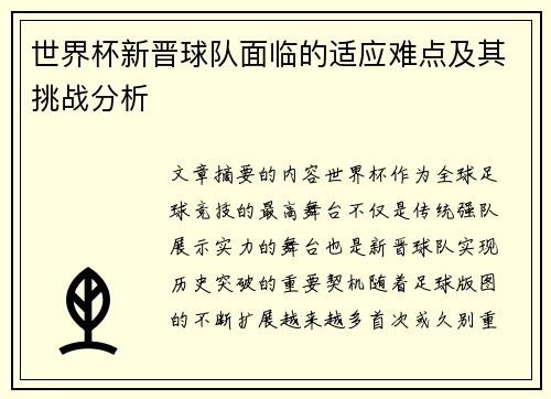 世界杯新晋球队面临的适应难点及其挑战分析 世界杯新晋球队面临的适应难点及其挑战分析